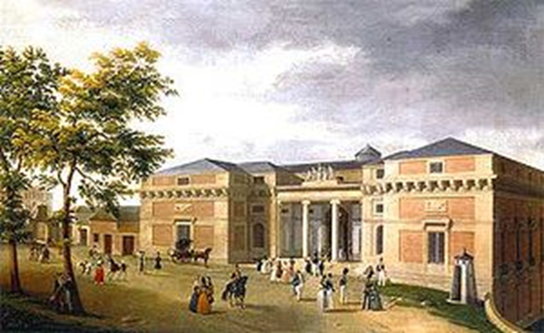 El edificio original del Museo del Prado, el llamado “de Villanueva” por ser de éste arquitecto, en tiempo en que Calvet se ocupó de él tras fallecer Fernando VII. Según pintura de Brambila.